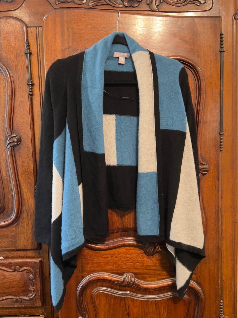 Charter Club 2 ply Cashmere colorblock waterfall cardigan, size XS